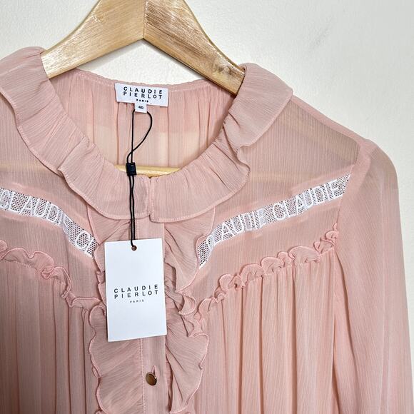 CLAUDIE PIERLOT Frilled Long Maxi Dress Sheer Blush Pink Sz 40/M NWT {R32} - Picture 7 of 7